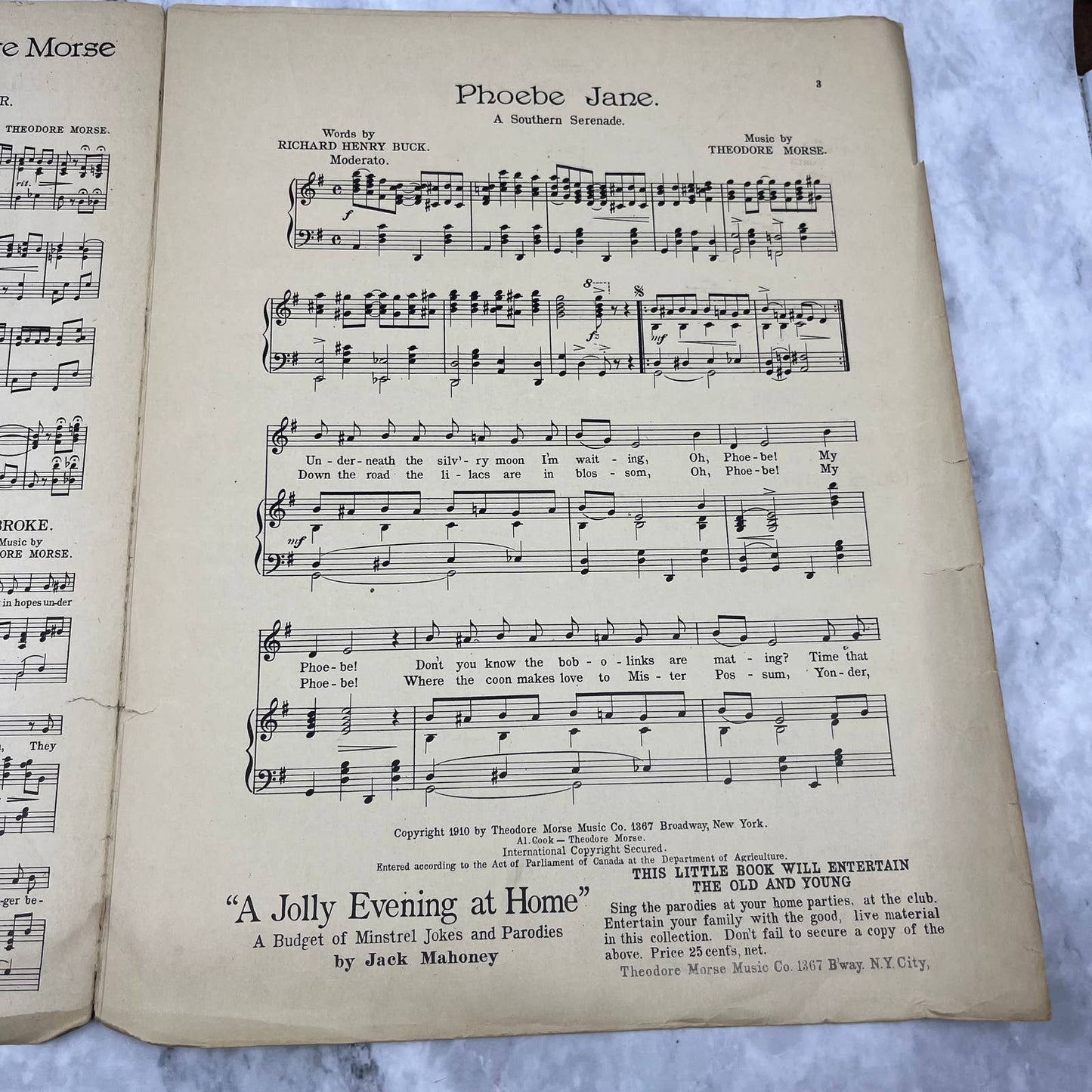 1910 PHOEBE JANE Southern Serenade Ragtime Sheet Music by Theodore Morse TJ4