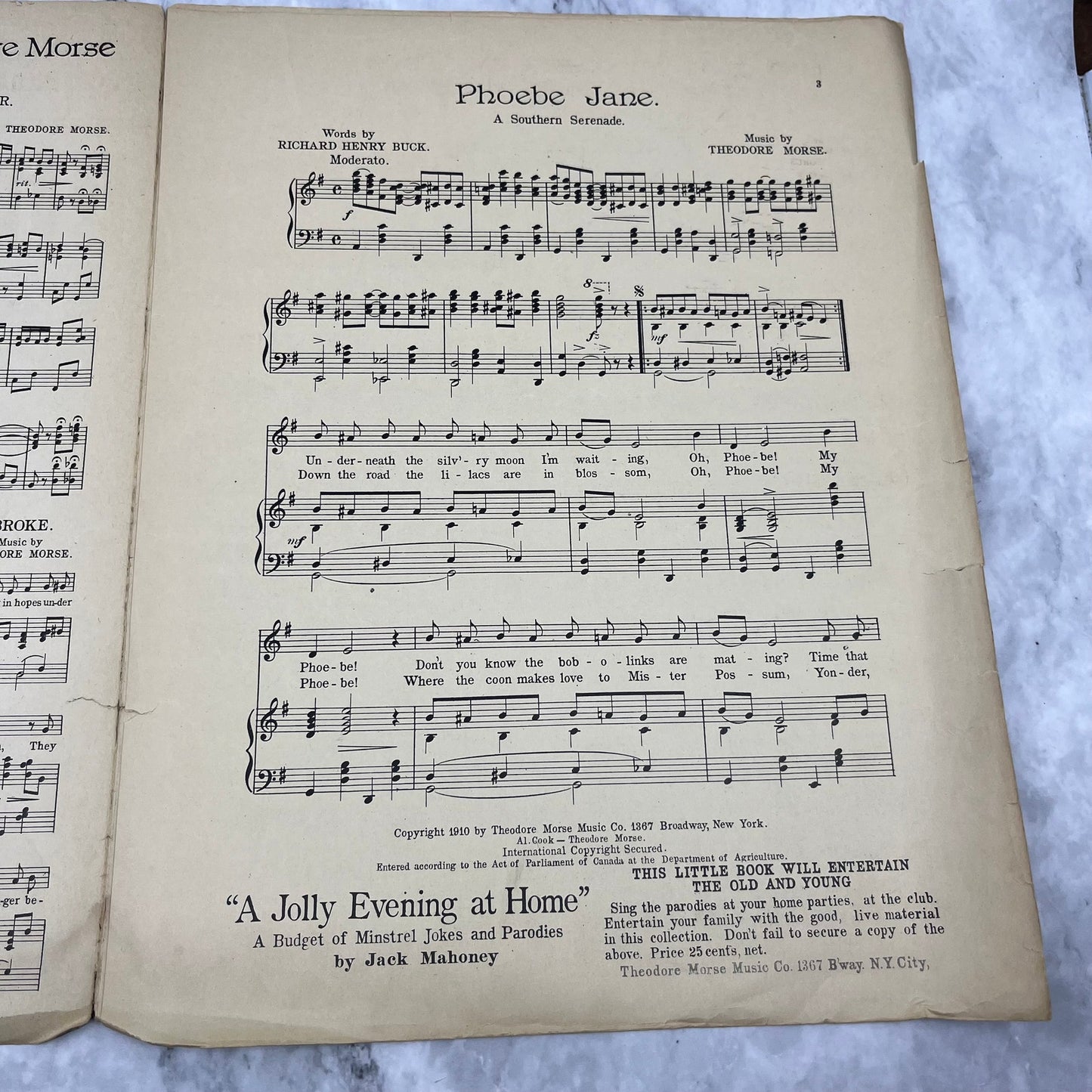 1910 PHOEBE JANE Southern Serenade Ragtime Sheet Music by Theodore Morse V41-3