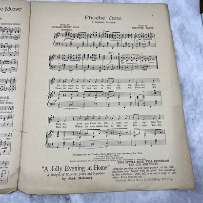 1910 PHOEBE JANE Southern Serenade Ragtime Sheet Music by Theodore Morse V41-3