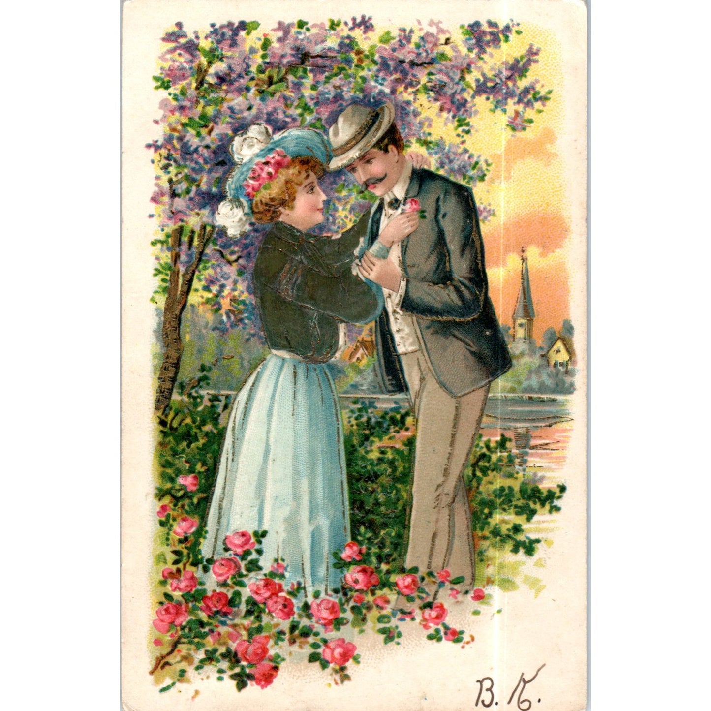 1906 Romantic Roses Courting Couple in Love Original Postcard P2-5
