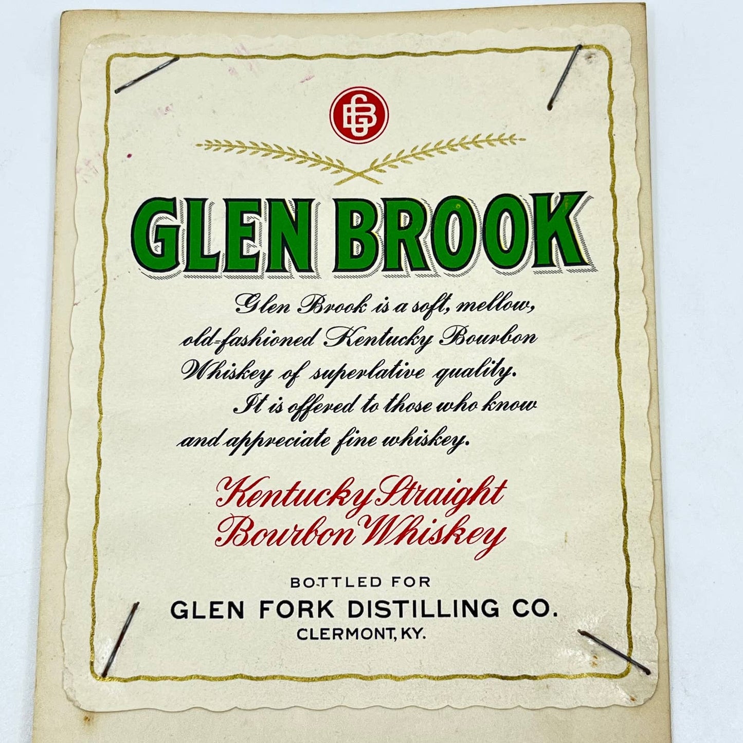 Glen Brook Bourbon Whiskey Label Glen Fork Distilling Co. Clermont KY