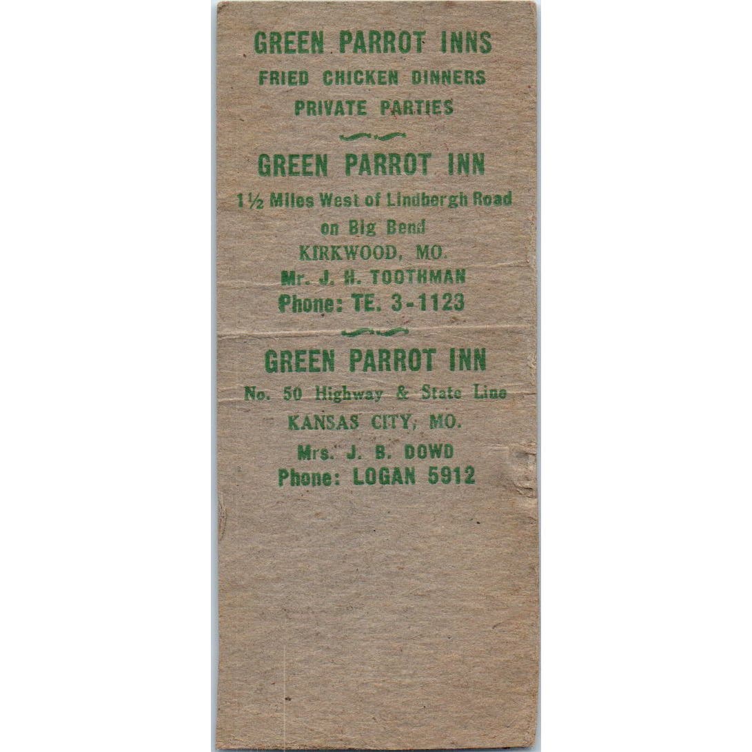 Green Parrot Inn Kansas City MO Advertising Matchbook Cover SA9-M5