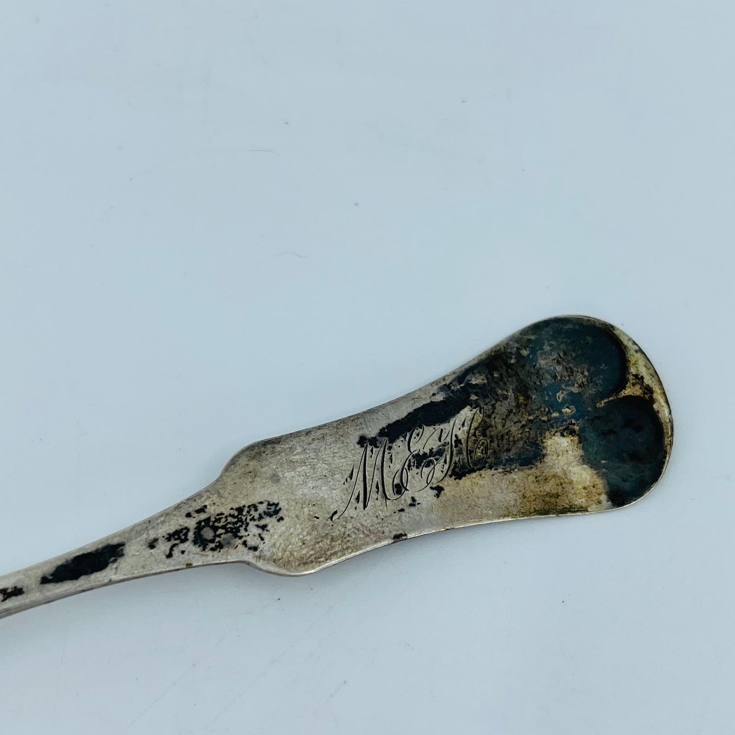 1840s E&D Kinsey Fiddle Coin Silver Spoon 5 1/4" Monogram M.E.H. SB7