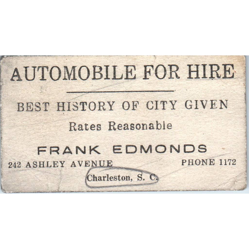 Automobile for Hire Frank Edmonds Charleston SC Business Card TJ9-PG7