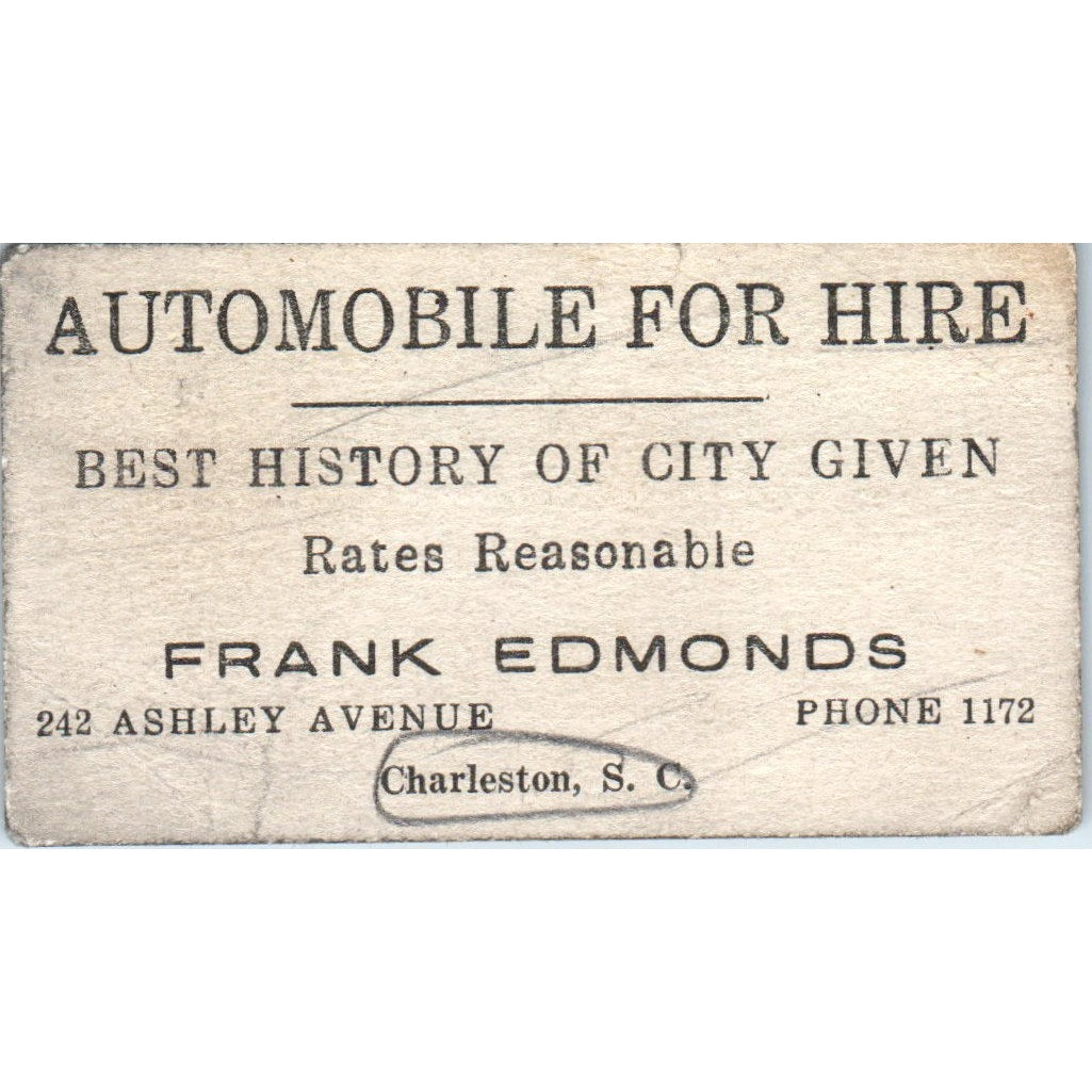 Automobile for Hire Frank Edmonds Charleston SC Business Card P4-8