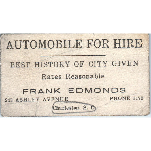 Automobile for Hire Frank Edmonds Charleston SC Business Card P4-8