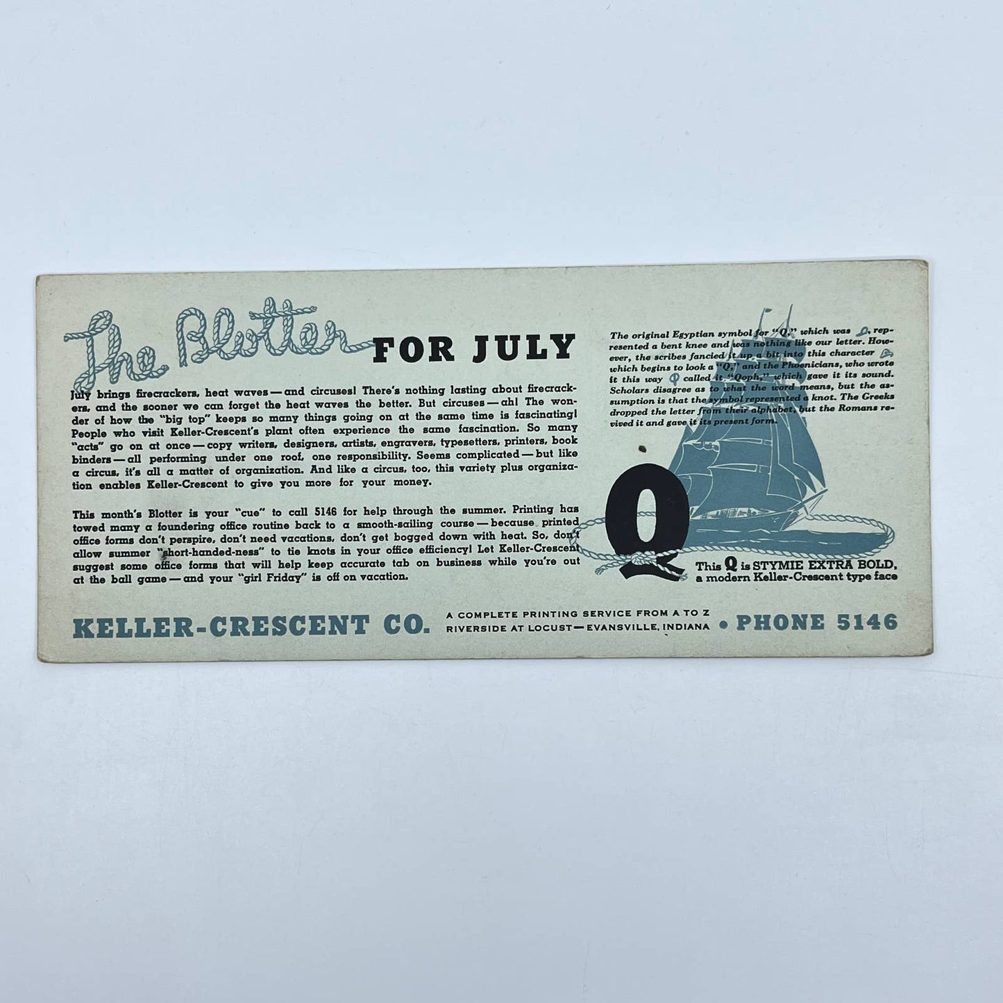 1940s Blotter Card July Clipper Ship Keller-Crescent Co. Evansville IN SC9