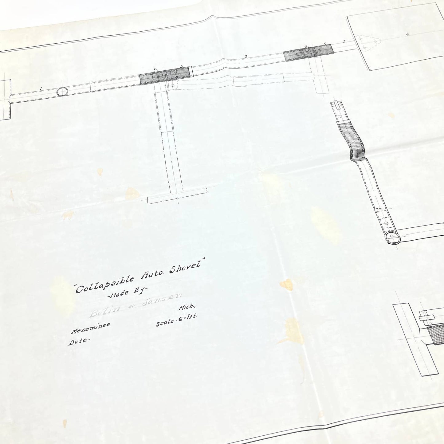 Antique Blueprints Diagram Collapsible Auto Shovel Bolin & Jansen Menominee FL3