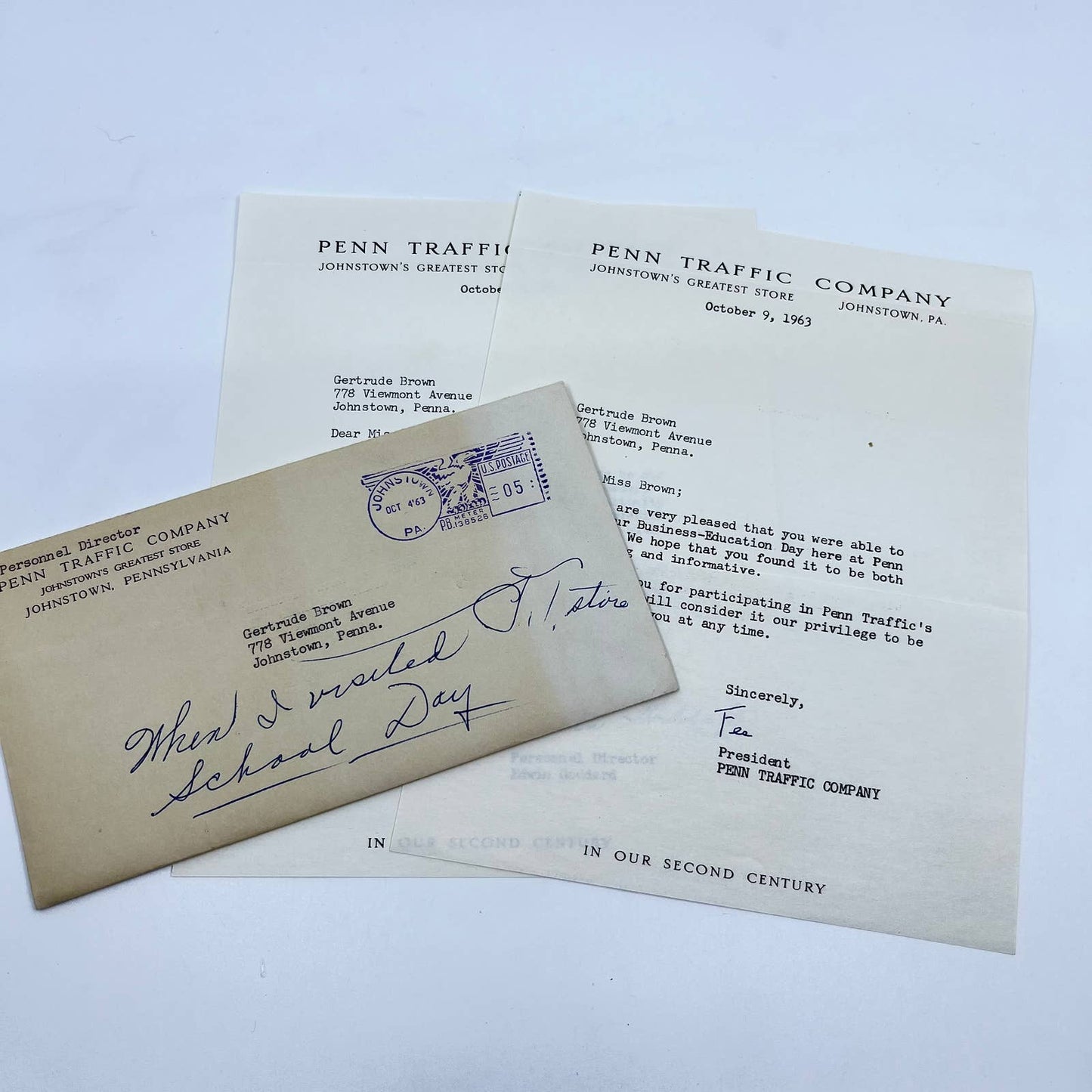 1963 Penn Traffic Company Letter & Envelope Set Gertrude Brown Johnstown PA AB2