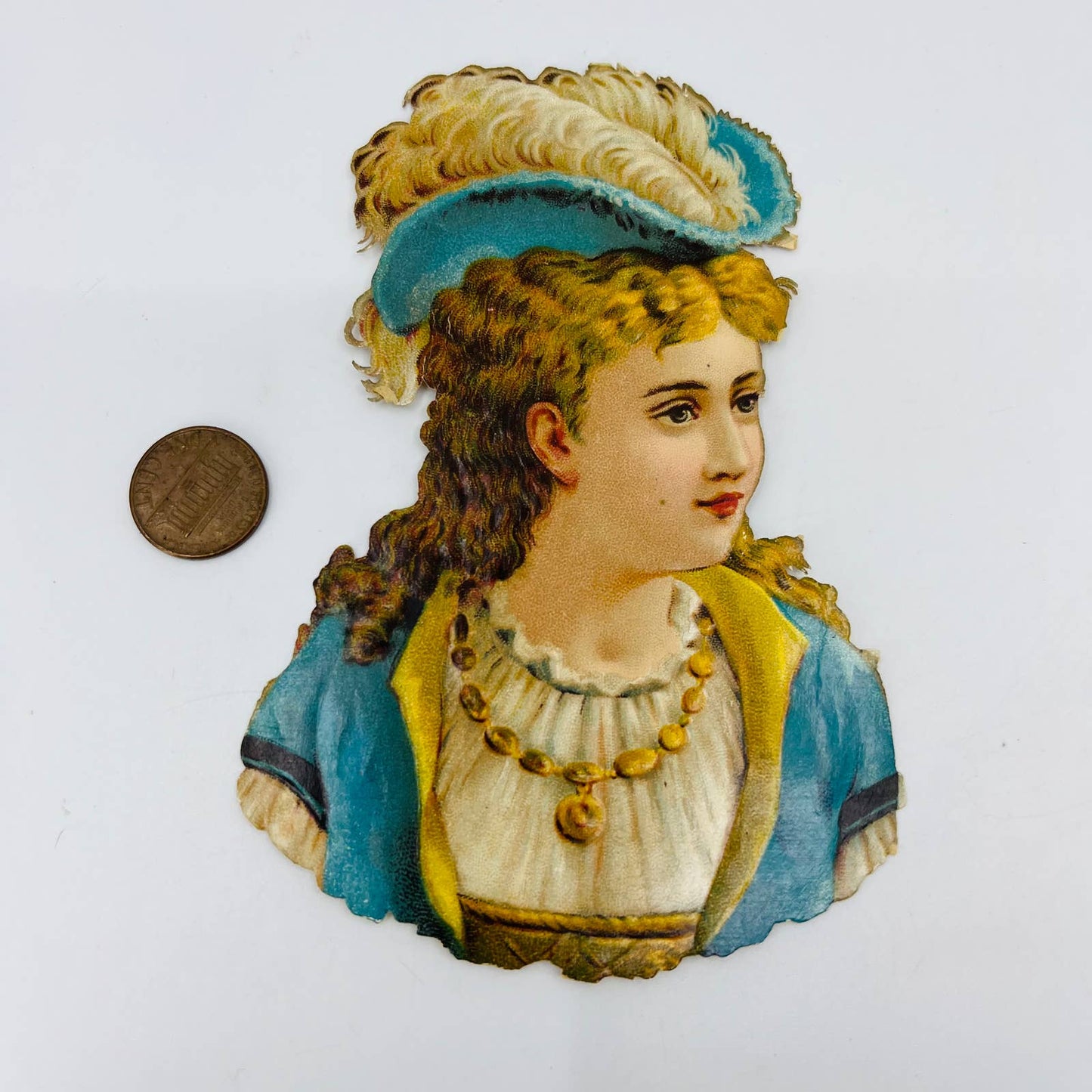 1880s Victorian Die Cut Scrap Fancy Lady in Blue With Feather Hat 5 nx 3.5 AA2