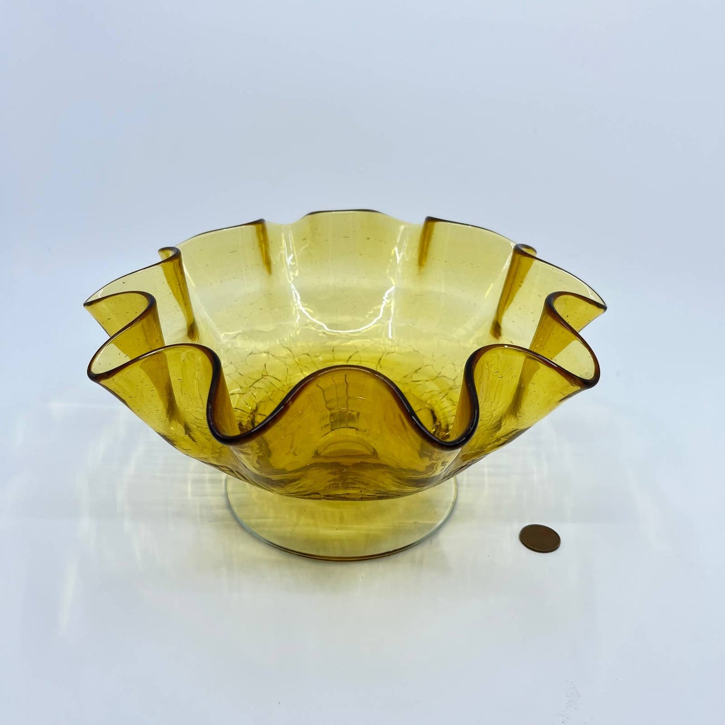 Vintage Large Blenko Crackle Glass Ruffle Edge Bowl Golden Honey 9” TE7