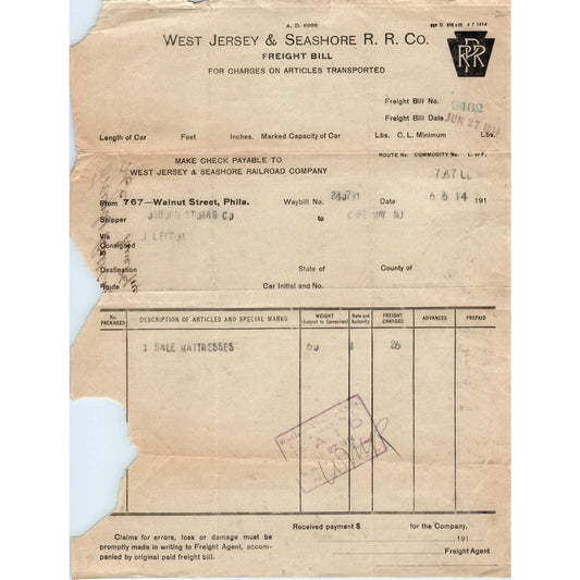 1914 West Jersey & Seashore R.R. Railroad Co. Freight Bill Bale Mattresses AD8