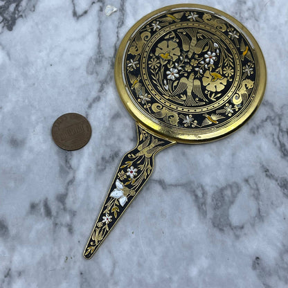 Vintage Asian Cloisonné Handheld Vanity Hand Mirror 5" TJ9