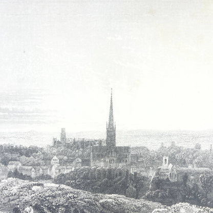 1836 Original Art Engraving Norwich Cathedral View From the East Hill AC4
