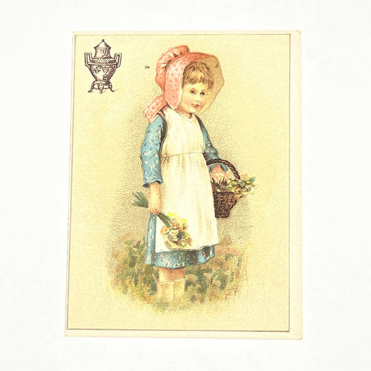 Original 1880s Victorian Trade Card Dilworth's Coffee Girl w/ Flower Basket AB6