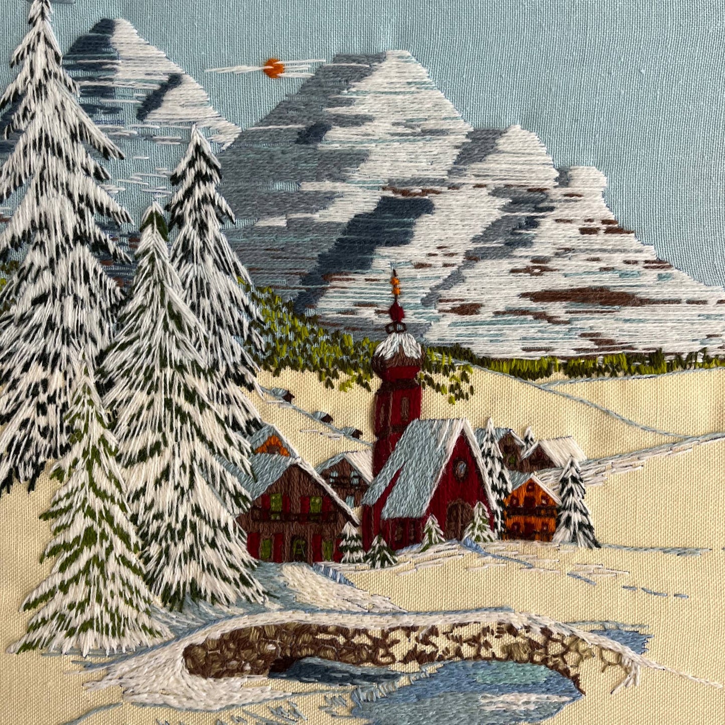 Vintage Embroidery Crewel Wall Art Winter Ski Chalet Mountains Snow 23x17"