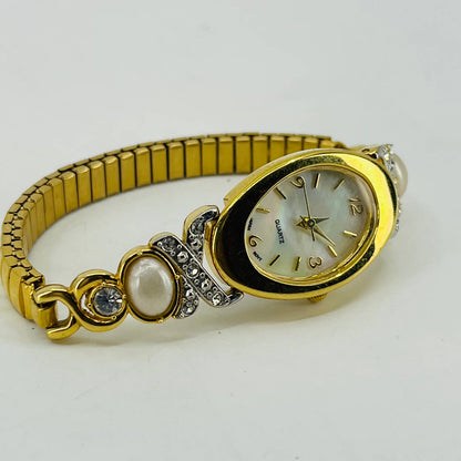 Vintage Gold Tone Rhinestone Quartz Watch Metal Stretch Band SA9