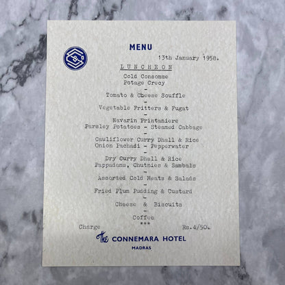 1958 January 13 - Luncheon Menu - The Connemara Hotel Madras TD8