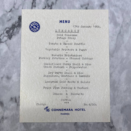 1958 January 13 - Luncheon Menu - The Connemara Hotel Madras TD8