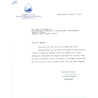 Embassy of The Socialist Republic of Romania Letterhead Corneliu Bogdan TK1-P7