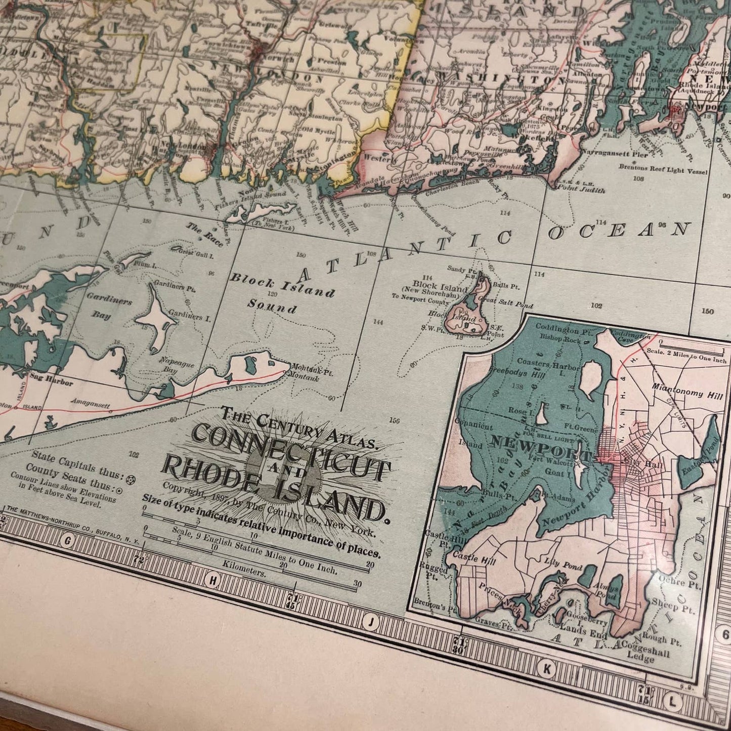 1897 The Century Atlas Map of Connecticut & Rhode Island Color Engraved 12.5x17 FL5