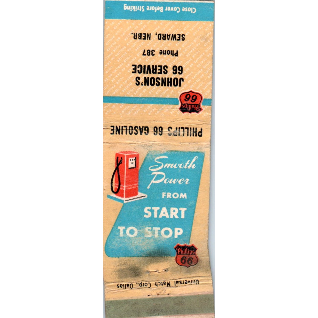 Johnson's Phillips 66 Gas Station Seward NE Advertising Matchbook Cover MM10-2