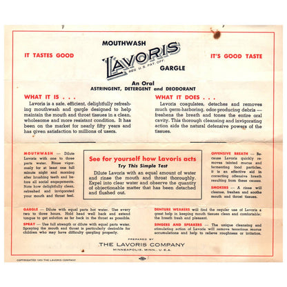 1950 Dental Advertising Lavoris Mouthwash Gargle Leaflet Minneapolis SE4