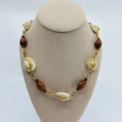Vintage Boho Wood Bead and Conch Shell Gold Tone Necklace SB2