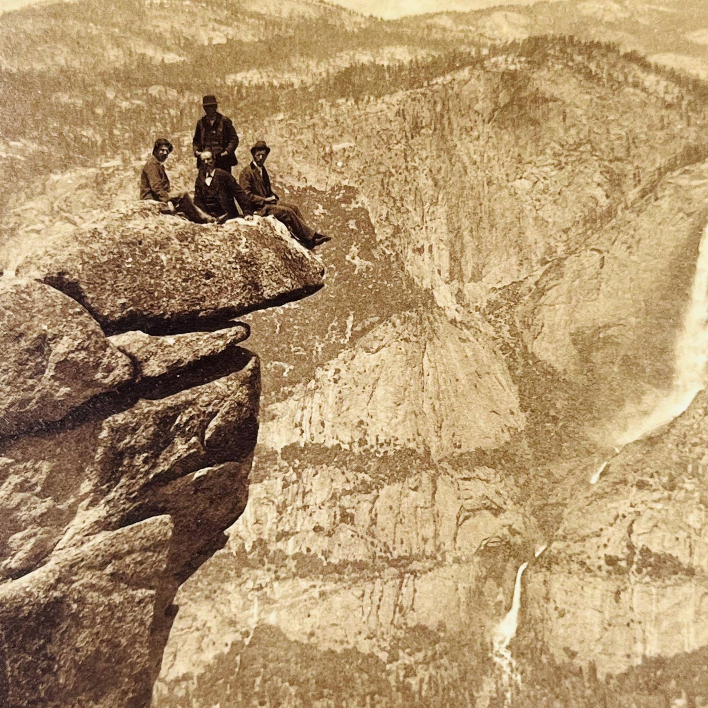 1894 Stereoview Victorian Men Sitting Atop Glacier Point Yosemite California