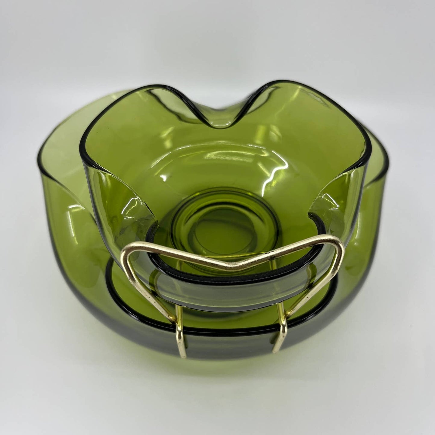 Vintage Anchor Hocking Pinched Avocado Green Glass Chip & Dip Set Bowl 9.25” TB3