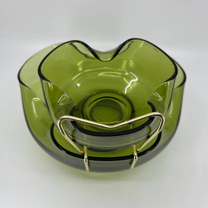 Vintage Anchor Hocking Pinched Avocado Green Glass Chip & Dip Set Bowl 9.25” TB3