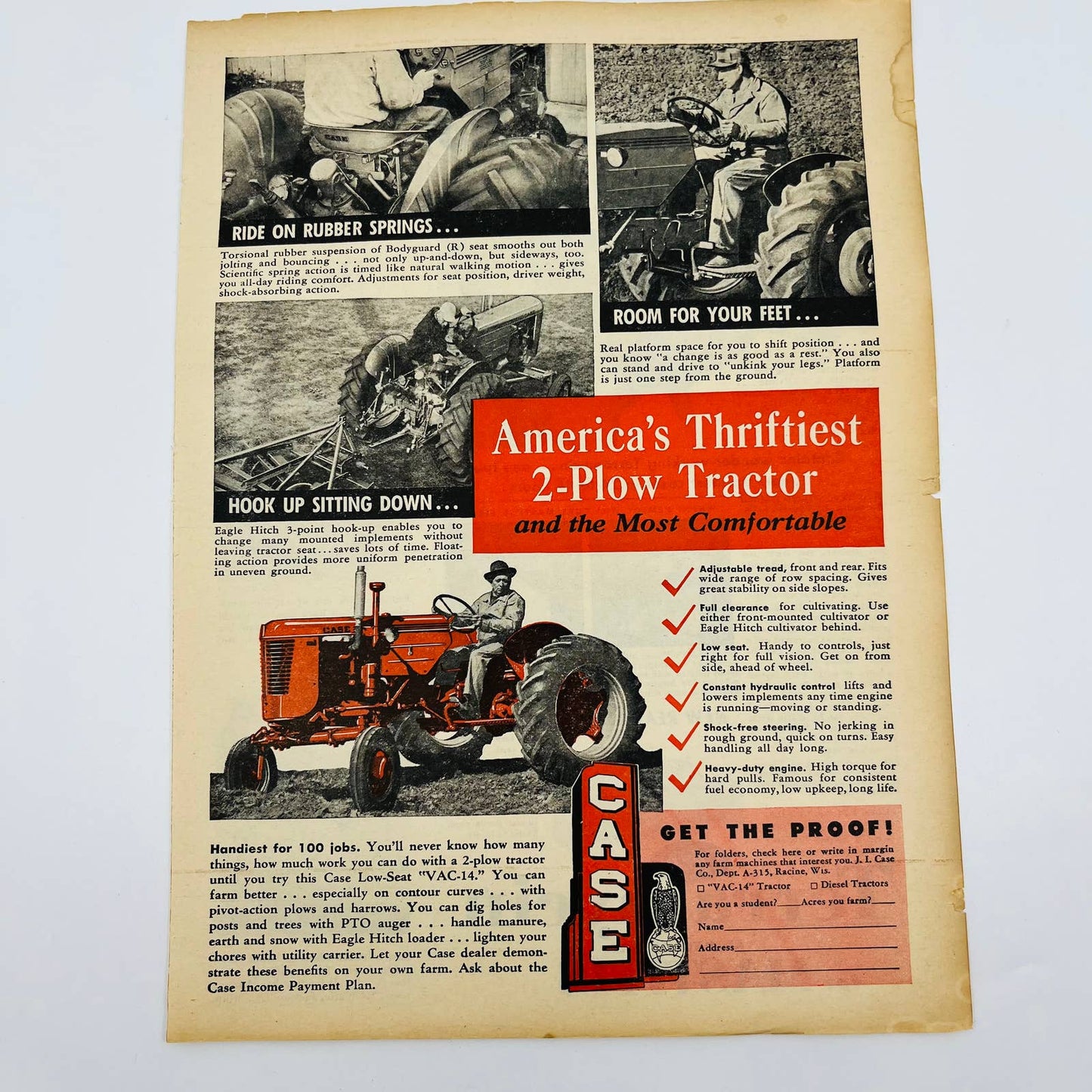 Vintage Advertisement CASE America’s Thriftiest 2-Plow Tractor Red AA1