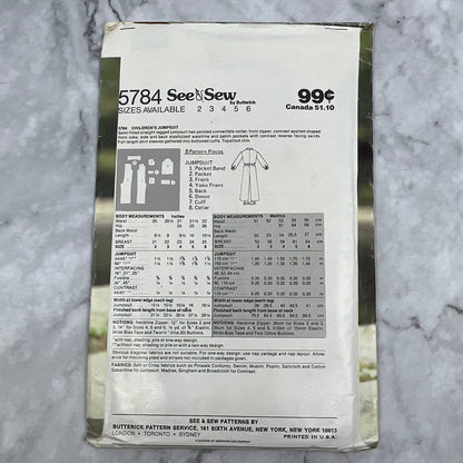 1970s Sewing Pattern Butterick See & Sew Size 4 Childs Jumpsuit 5784 TI7