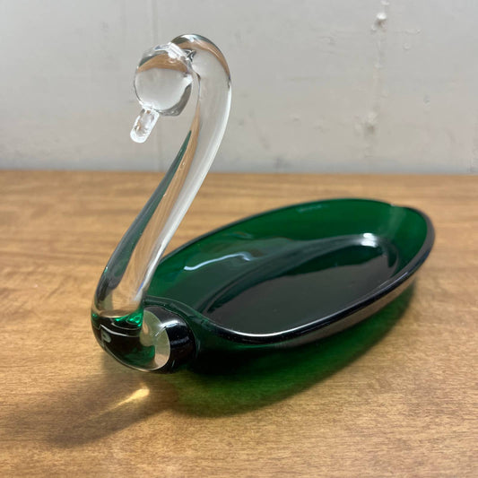 1940s Green Duncan Miller Green Art Glass Swan Cracker Serving Dish 8”  TA3