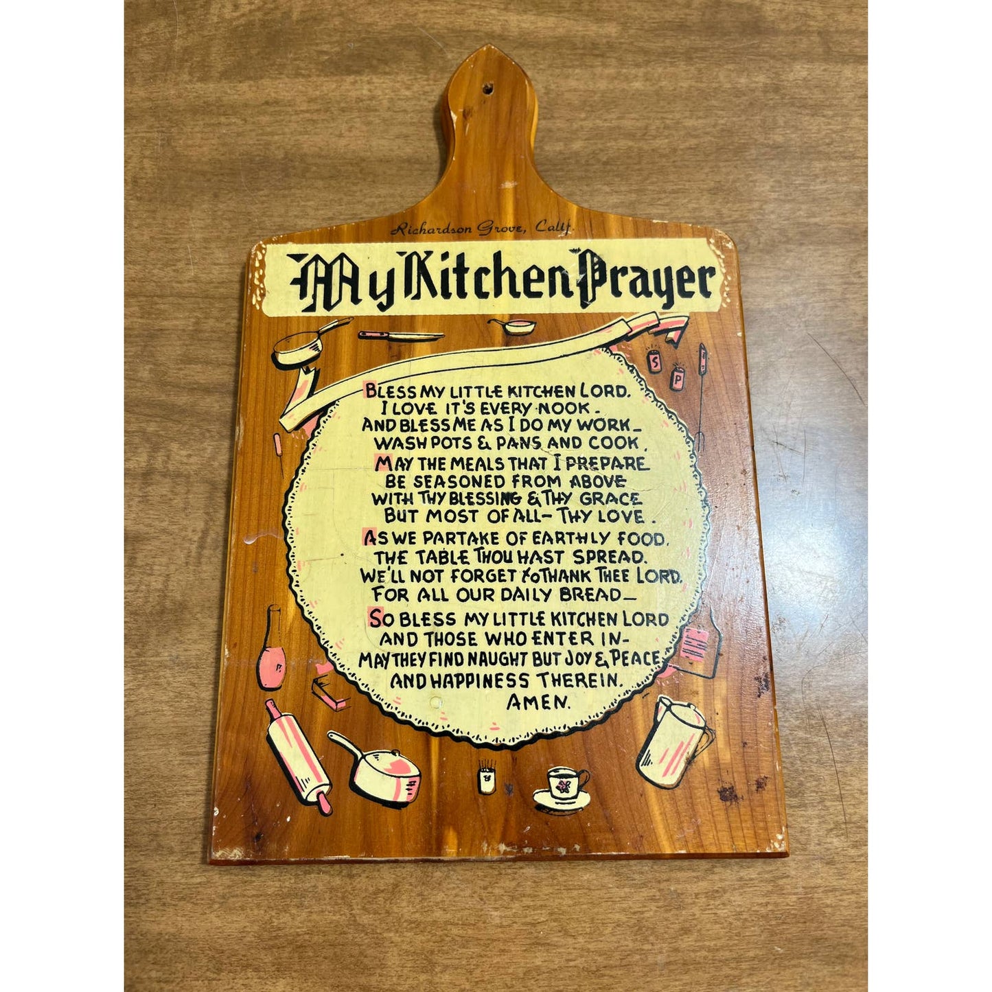 Vintage My Kitchen Prayer Cedar Wall Plaque Richardson Grove California 6 x 10”