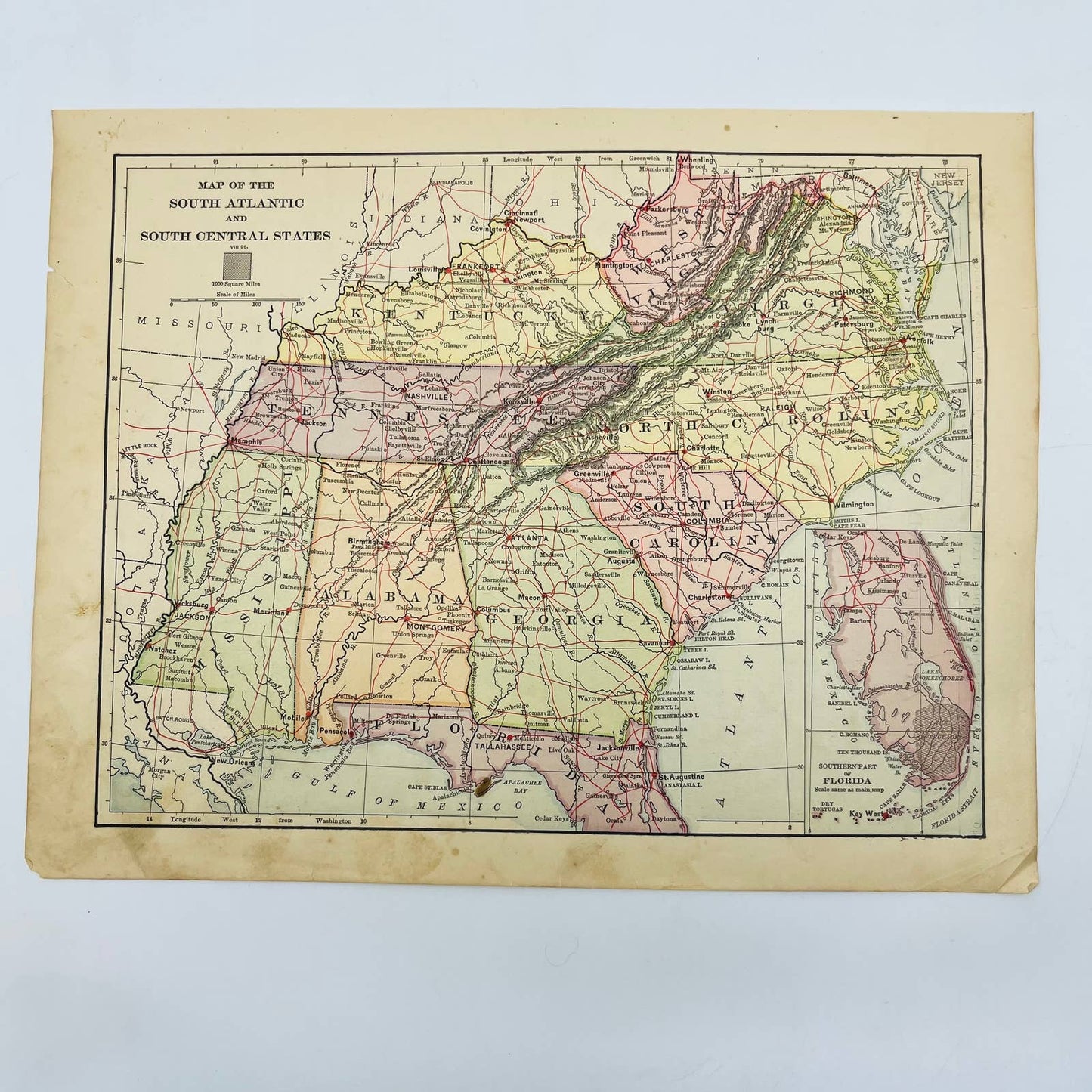 1896 Harper’s Map South Atlantic USA MS TN KY WV VA NC SC GA AL FL 9x12” FL1