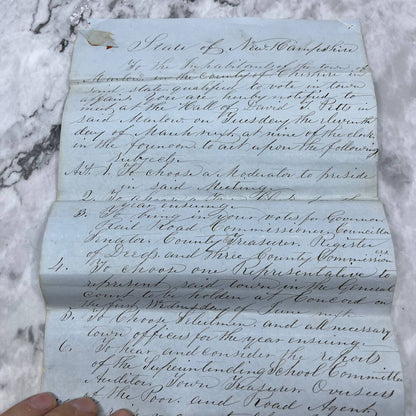 1856 Official Document Marlow New Hampshire Town Meeting Willard A. Baker EA4