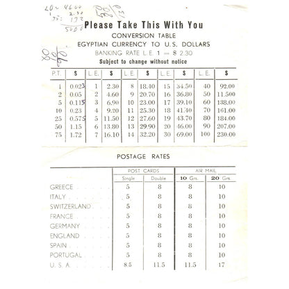 Vintage Nile Hilton Hotel Cairo UAR Egyptian Currency Conversion Table SE4