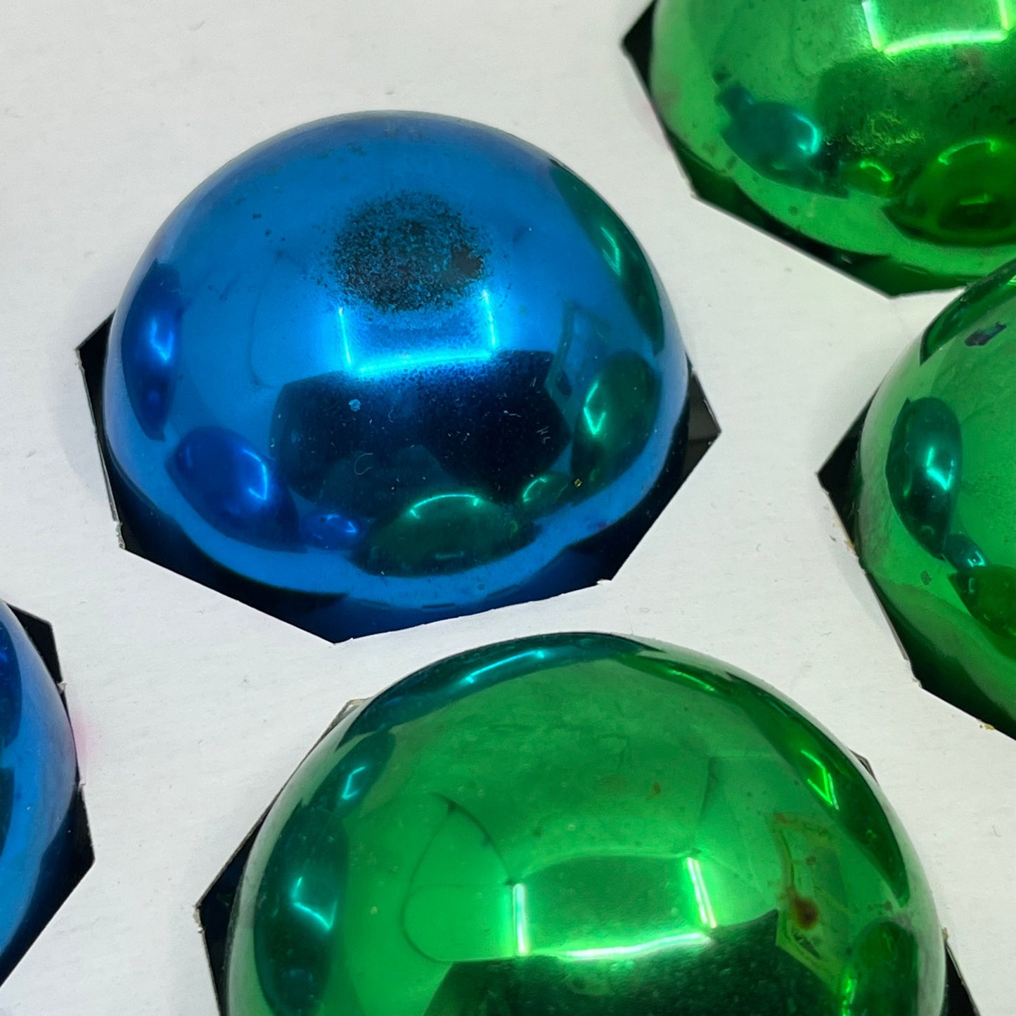HOLLY 8 Vintage 2 1/4" Mercury Glass Ornaments Original Box Blue Green TK3