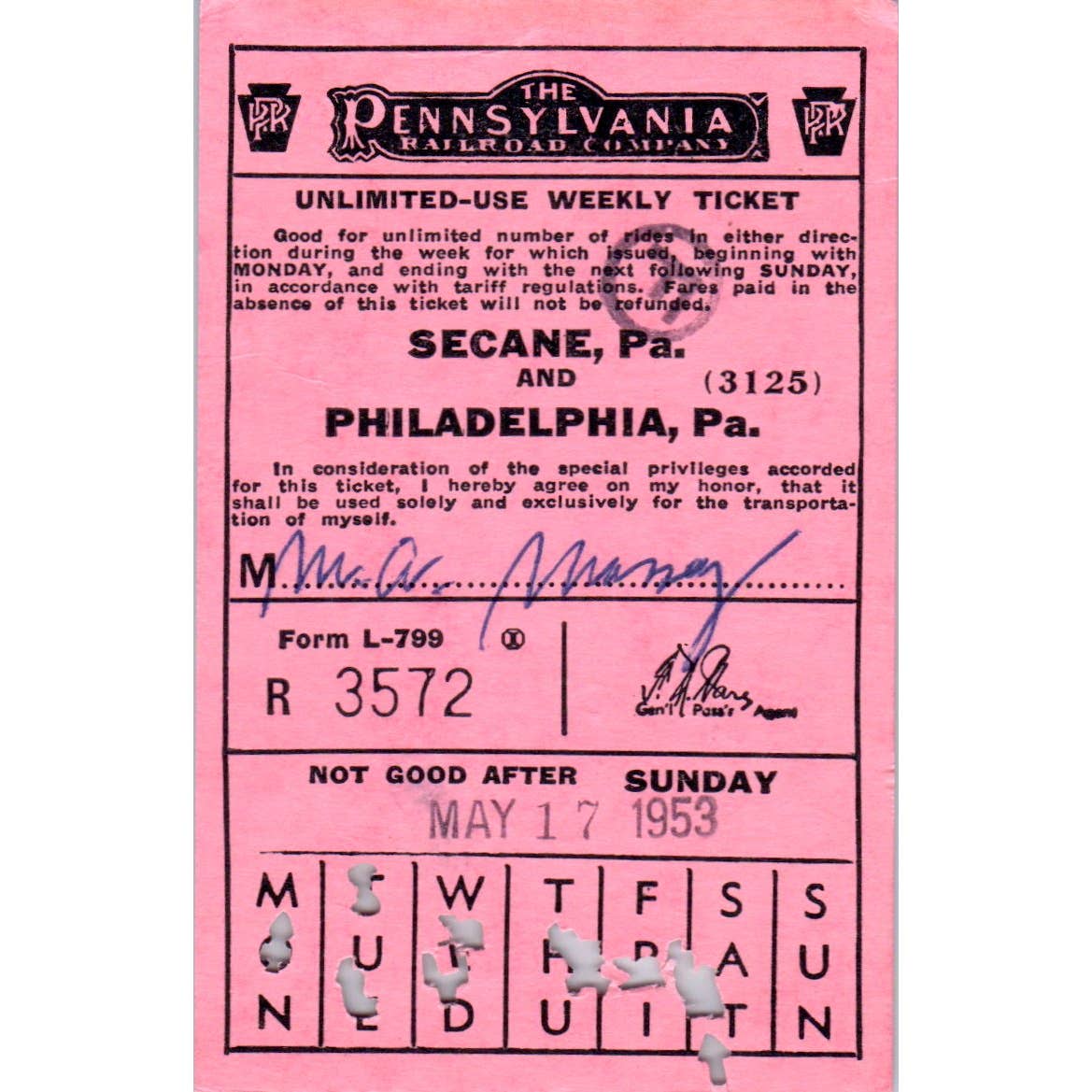 1953 Pennsylvania Railroad Company Unlimited Weekly Use Ticket SE8