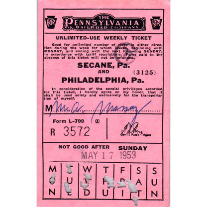 1953 Pennsylvania Railroad Company Unlimited Weekly Use Ticket SE8