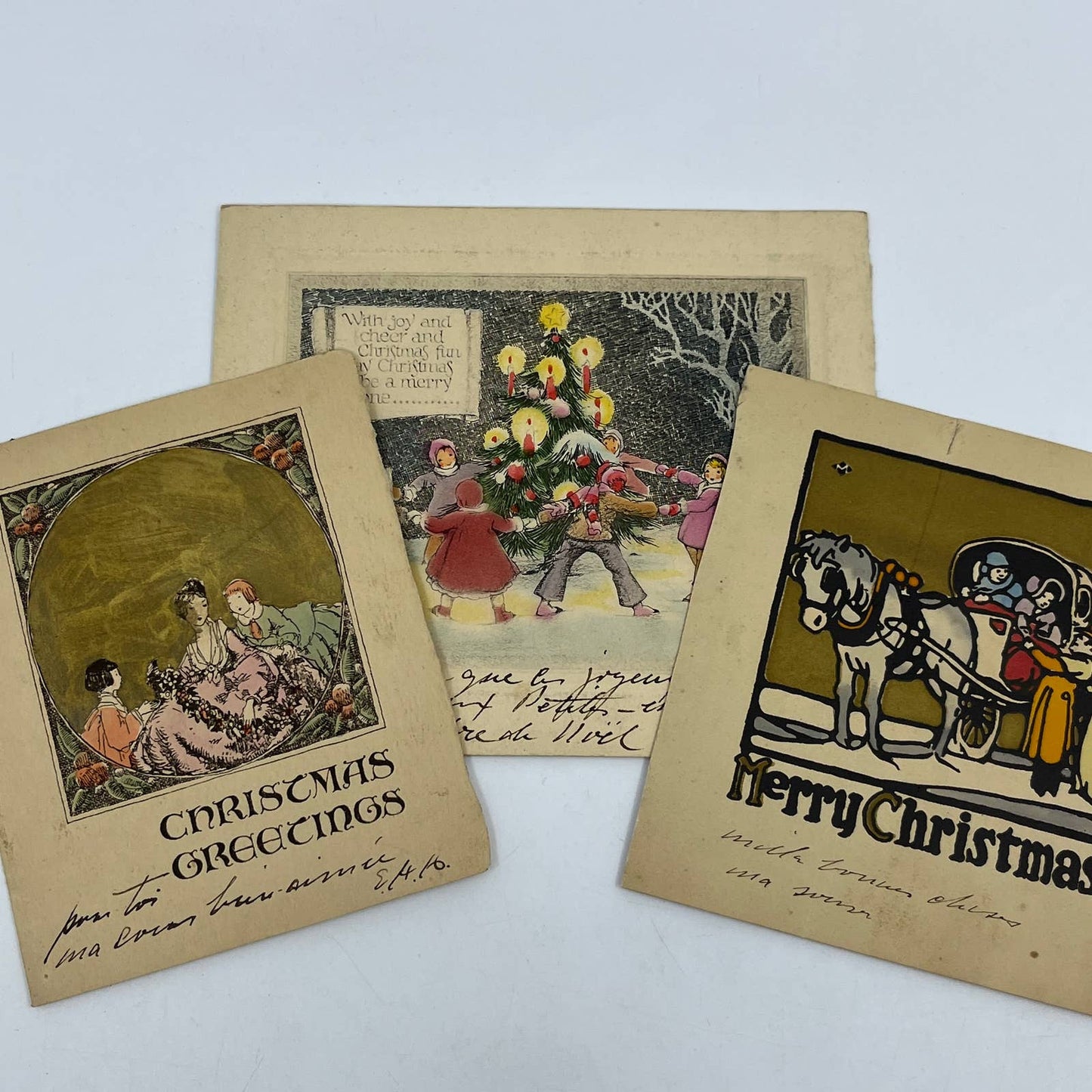 c1930 Lot of 3 Christmas Greeting Cards Horse & Buggy Candlelit Tree AC8