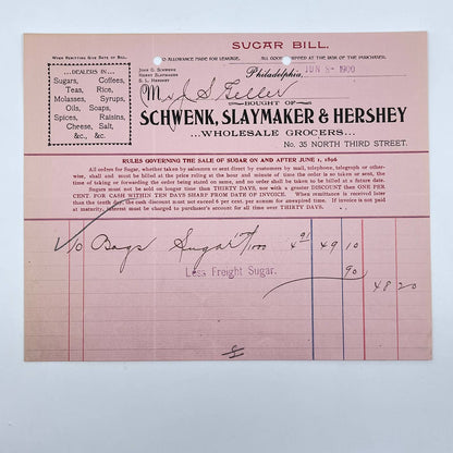 1900 Schwenk, Slaymaker & Hershey Grocers Letterhead Philadelphia PA AB5