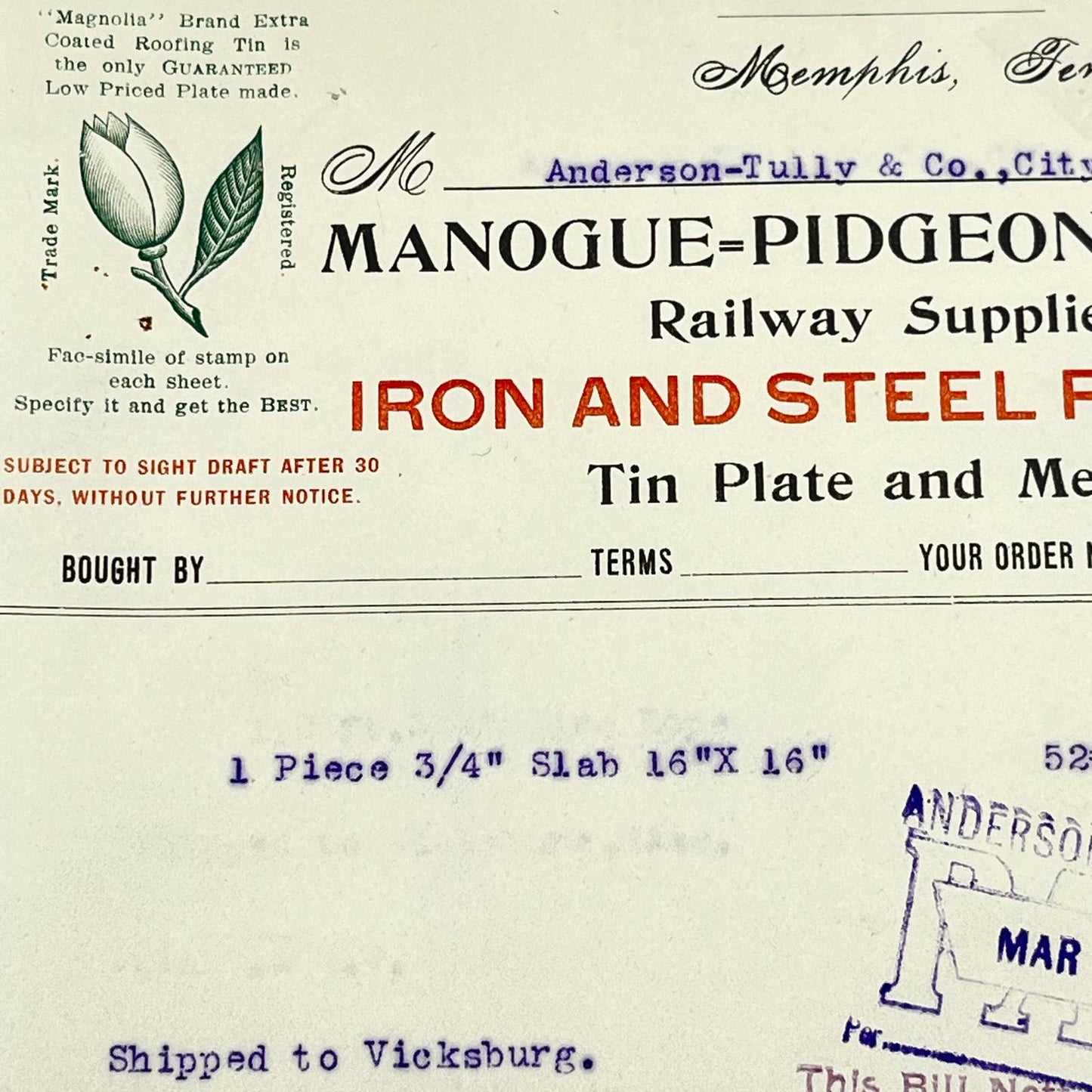 1903 Manogue-Pidgeon Iron Co. Railway Supplies Letterhead Memphis TN AB5