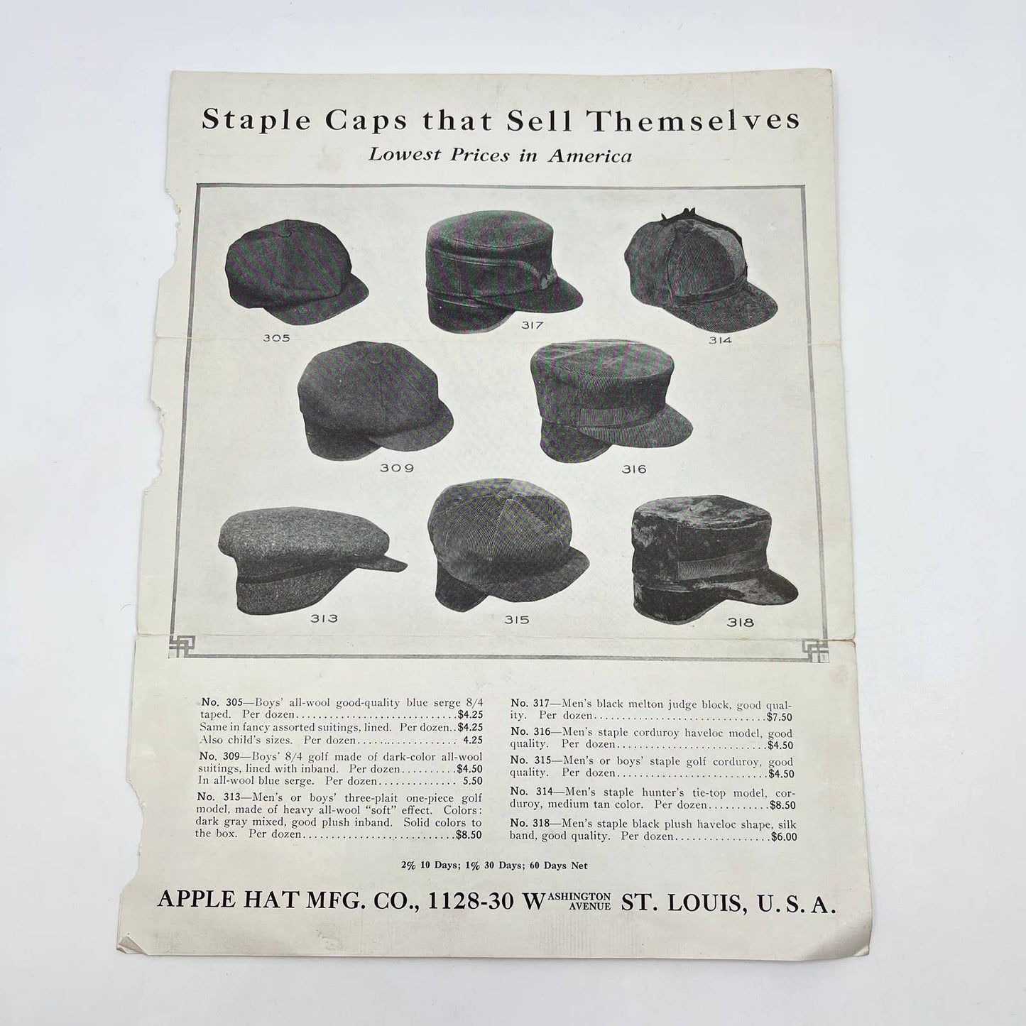 1920s Apple Hat Mfg Co. Hat Price List Brochure St. Louis MO AA9