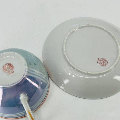 Vtg RARE Japanese Iridescent Opal Lusterware Blue Stripe Cup and Saucer Set TC4