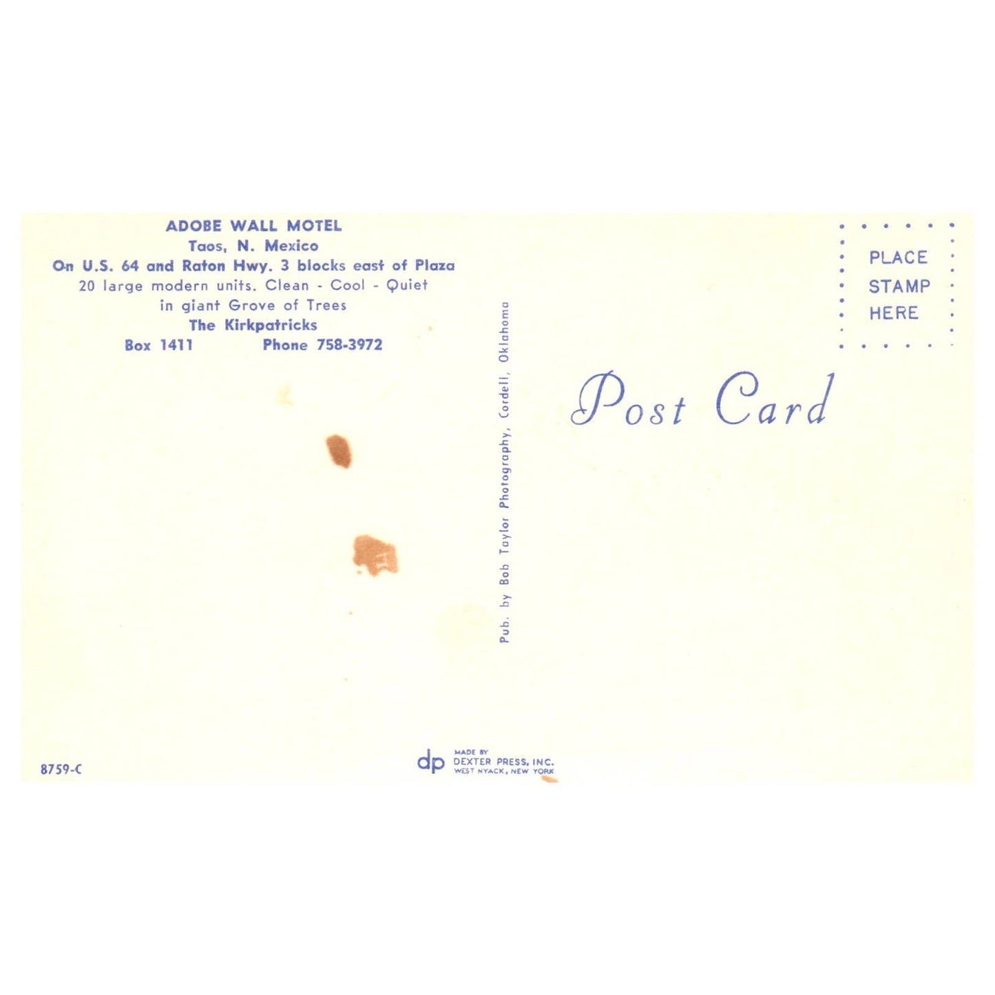 Vintage Postcard - Adobe Wall Motel Taos New Mexico AD9