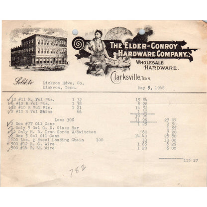 1948 The Elder-Conroy Hardware Co Billhead Clarksville TN AD5-6