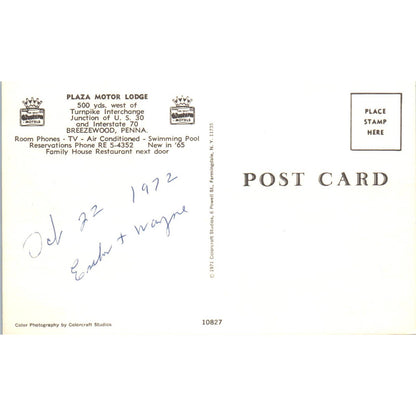Vintage Postcard Plaza Motor Lodge 1972 Breezewood PA TD8-P2