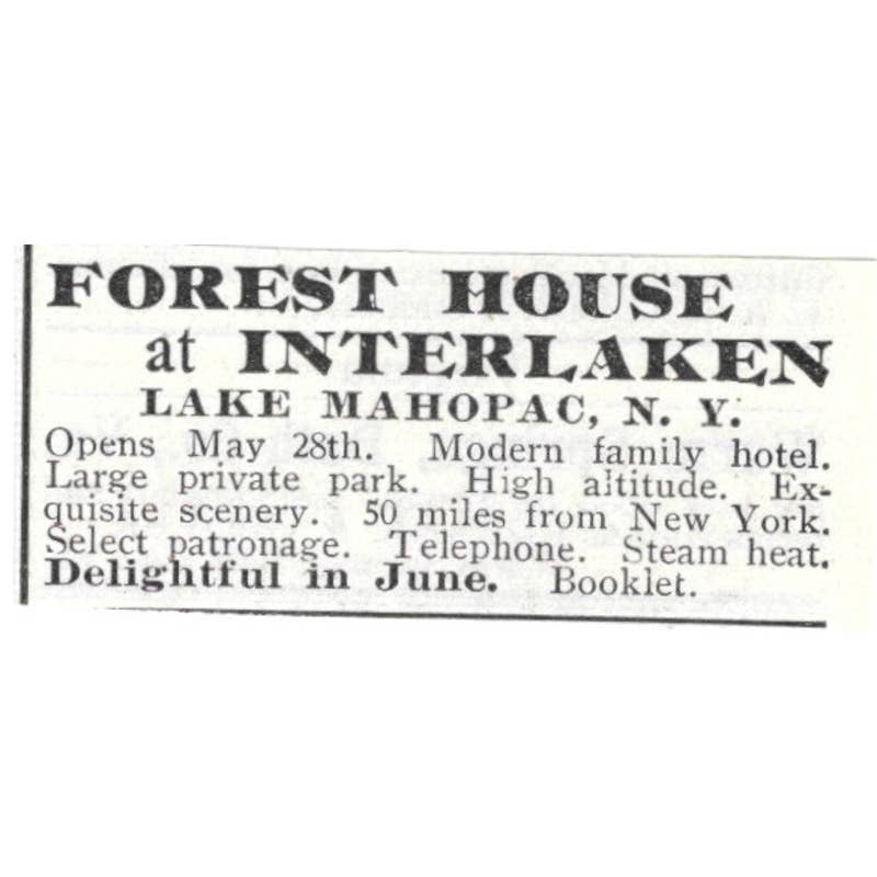 Forest House at Interlaken Lake Mahopac NY - 1903 Original Ad TJ8-7-6